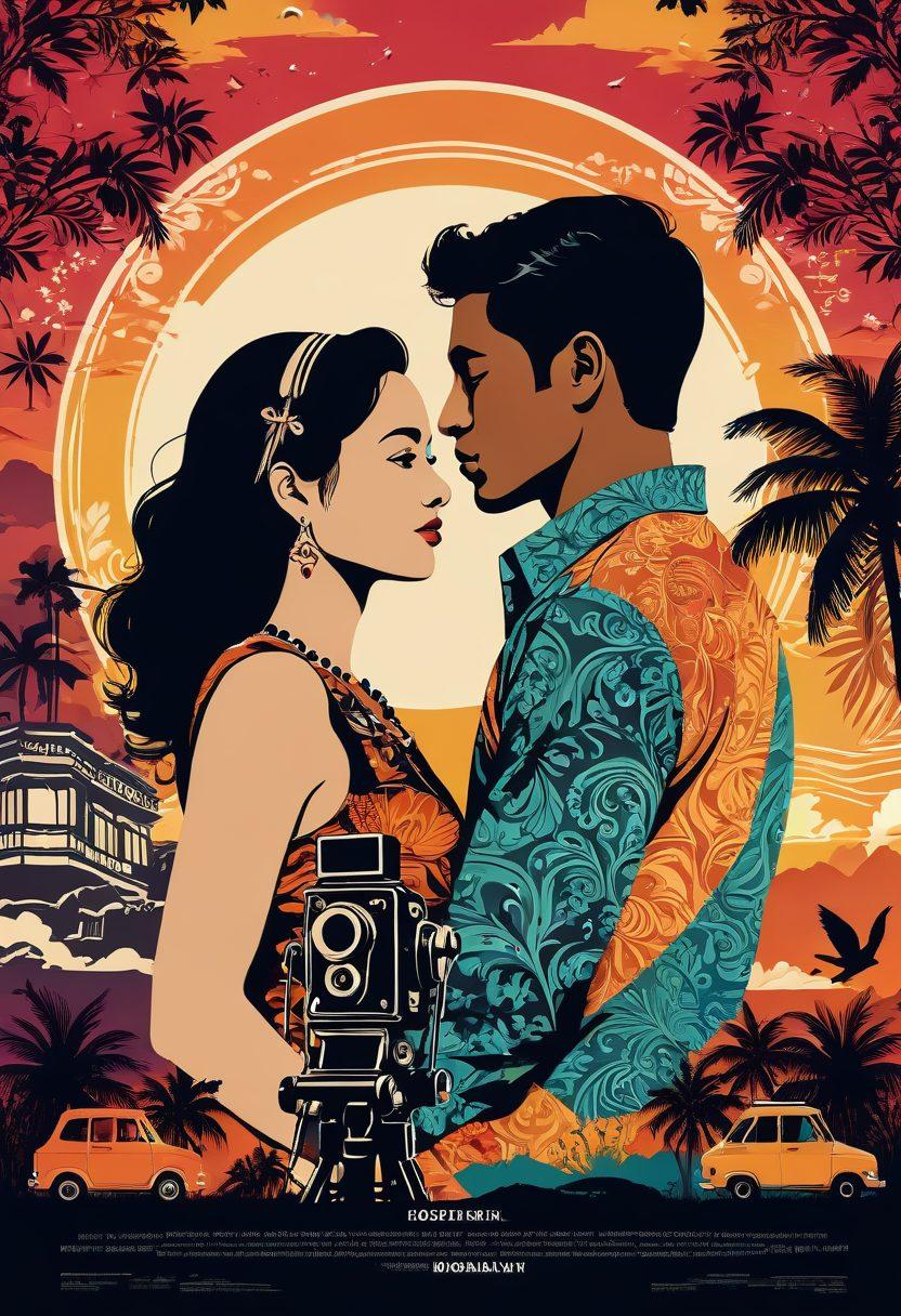A visually striking collage showcasing Indonesian cultural elements intertwined with film motifs, featuring traditional batik patterns as a backdrop. Include a symbolic representation of a movie camera and film reel, subtly blending into the design, while the foreground showcases silhouettes of diverse couples engaged in intimate moments reflecting the essence of the Bokep genre. The overall mood should evoke curiosity and intrigue, with vibrant colors and an artistic flair. vibrant colors. vector art. cinematic style.