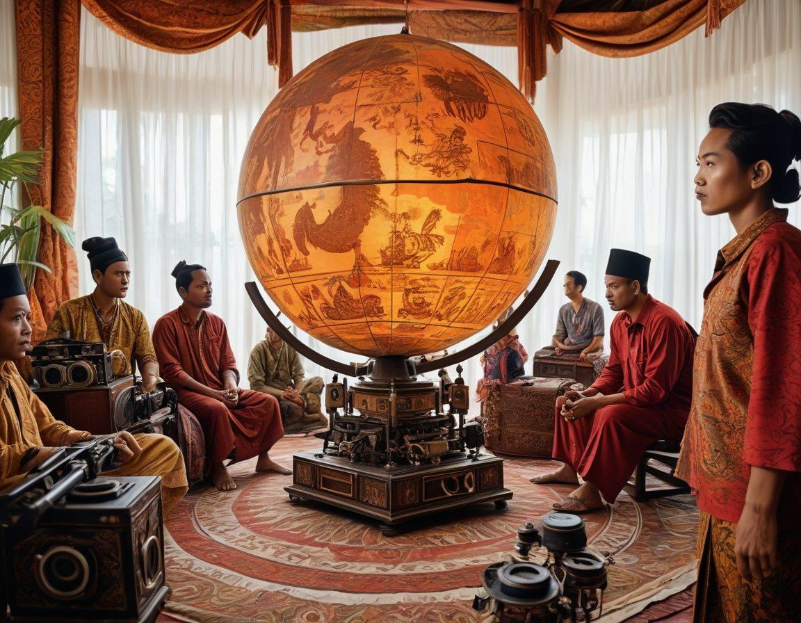 A captivating collage featuring a diverse group of Indonesian filmmakers working on a movie set, surrounded by vibrant traditional cultural elements. In the background, a large globe with film reels representing global cinema. Incorporate lively colors to express the film's growing popularity. The scene should blend traditional Indonesian motifs with modern filmmaking tools. super-realistic. vibrant colors. white background.