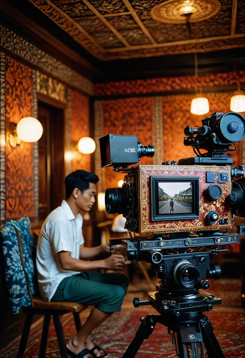 An intriguing behind-the-scenes set with a vibrant Indonesian atmosphere, showcasing film equipment, crew members engaged in discussions, and colorful cultural elements in the background. Include subtle nods to the Bokep genre with tastefully positioned film clapperboards and scene scripts, maintaining an artistic perspective. Capture the essence of filmmaking with a blend of creativity and professionalism. super-realistic. vibrant colors. cinematic style.